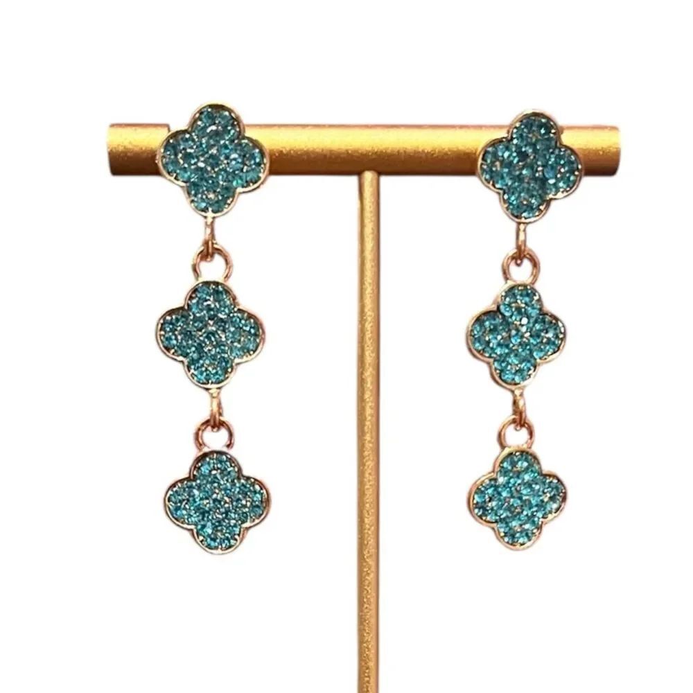 💎2/$30💎 Light Blue Crystal Triple Clover Alhambra Gold Tone Dangle Earrings